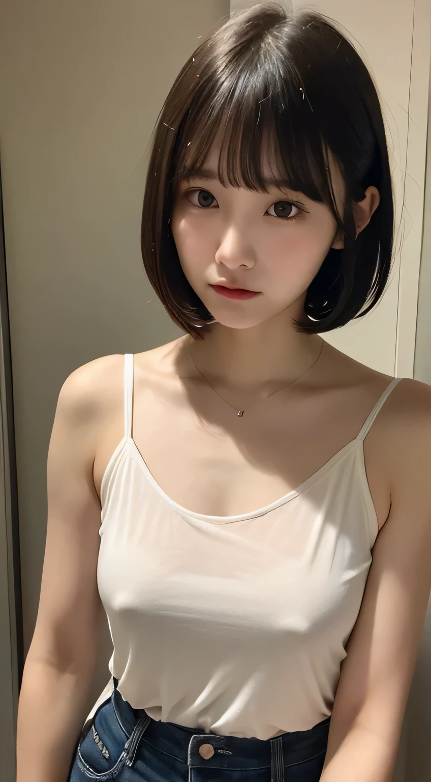 Camisole with see-through nipples、Dark Room、bed、Embarrassed face、Short hair with bangs、whole body、Standing still、is nervous