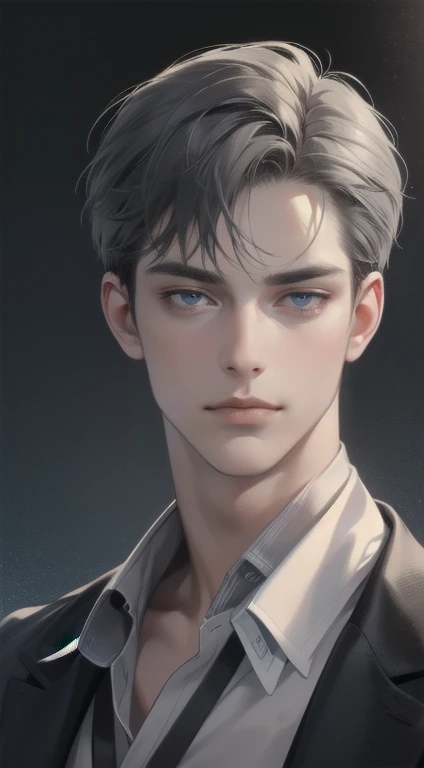 masterpiece, best quality, realistic, 1man, mature male, quiet and charming young man, 35 years old, close his eyes, serious look, extremely detailed face, smirk, ((dark grey blue eyes)), ((short-right-swept dark grey hair)), [thick eyebrows], detective, Black background, Victorian era, cinematic lighting, background size is more than the man