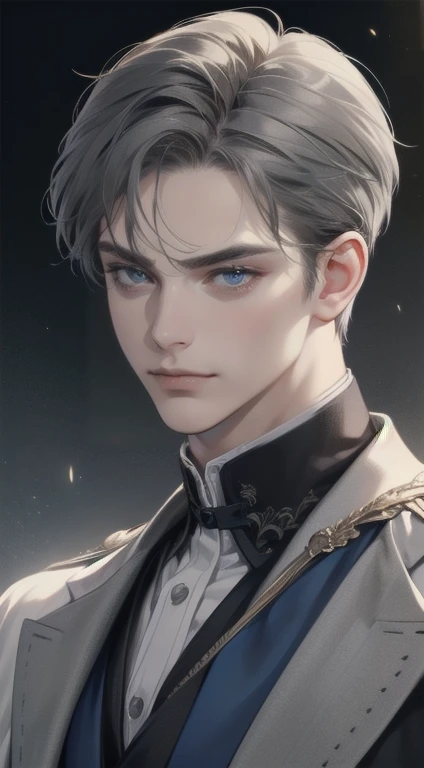 masterpiece, best quality, realistic, 1man, mature male, quiet and charming young man, 35 years old, close his eyes, serious look, extremely detailed face, smirk, ((dark grey blue eyes)), ((short-right-swept dark grey hair)), [thick eyebrows], detective, Black background, Victorian era, cinematic lighting, background size is more than the man