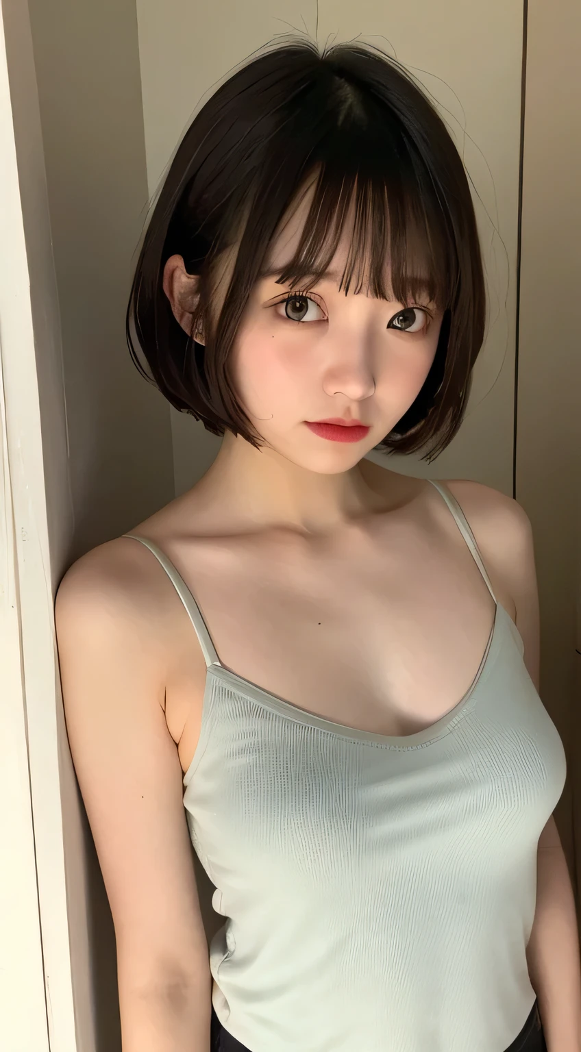 Camisole with see-through nipples、Dark Room、bed、Embarrassed face、Short hair with bangs、whole body、Standing still、is nervous