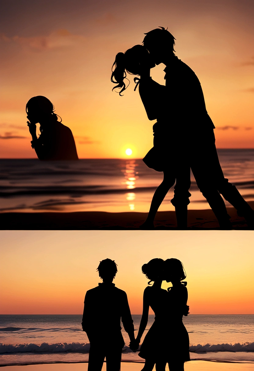 Couple silhouette on the beach, kissing at sunset 