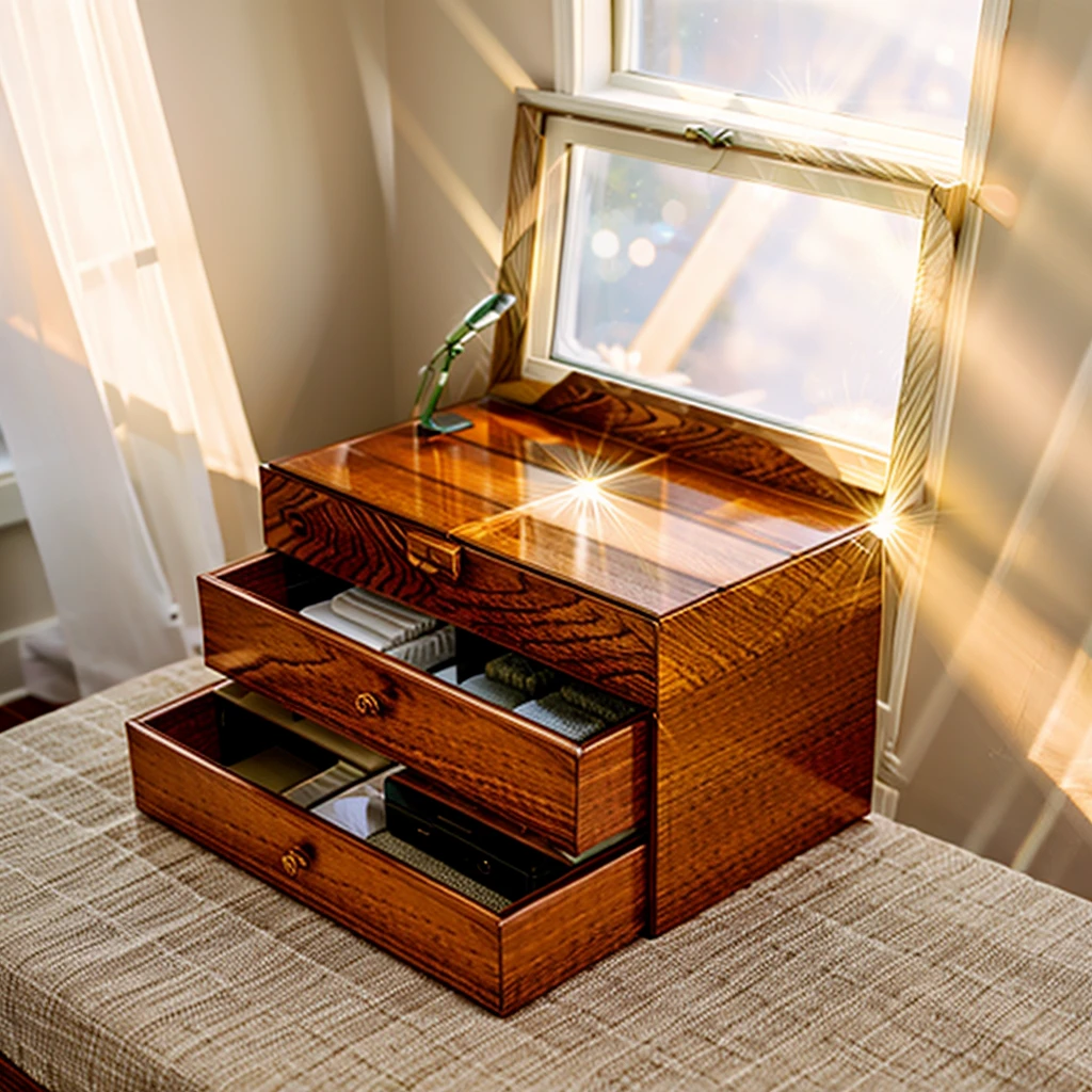 In this cozy room,A ray of sunlight shone through the half-drawn curtains on the table,Let the wood grain on the watch storage box shine with a faint luster。There was a calm and peaceful atmosphere in the air around them。There are several still lifes hanging on the walls of the room,It adds a touch of elegance to the space。And on the other side of the room,The half-open window lets in the breeze,The pages on the small desk by the window turned in the wind,This quiet scene gives a sense of tranquility and comfort。