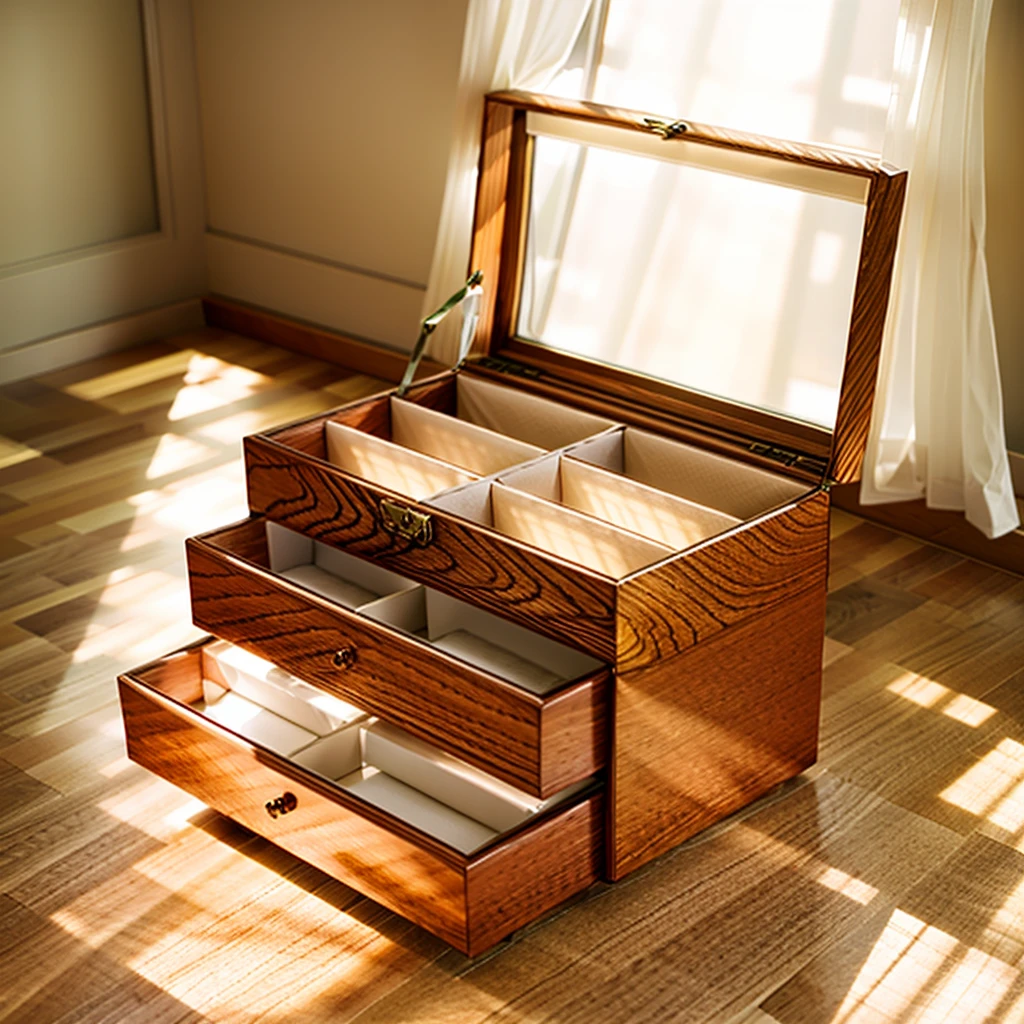 In this cozy room,A ray of sunlight shone through the half-drawn curtains on the table,Let the wood grain on the watch storage box shine with a faint luster。There was a calm and peaceful atmosphere in the air around them。There are several still lifes hanging on the walls of the room,It adds a touch of elegance to the space。And on the other side of the room,The half-open window lets in the breeze,The pages on the small desk by the window turned in the wind,This quiet scene gives a sense of tranquility and comfort。