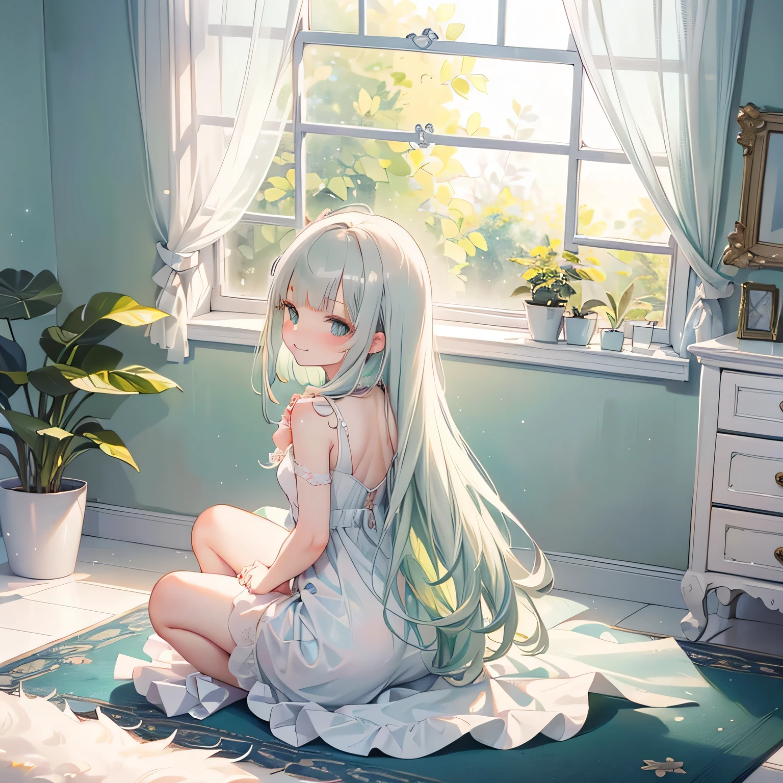 (looking back at the viewer),
♥full body,(floral cute mini dress),((1girl,cute,little ,semi long beautiful silver green hair,blunt bangs,beautiful eyes)),beautiful pastel house room,flat sitting on the carpet,curtain,window,night starry sky,
(solo),(looking at the viewer), innocent smile,cinematic lighting and pause,