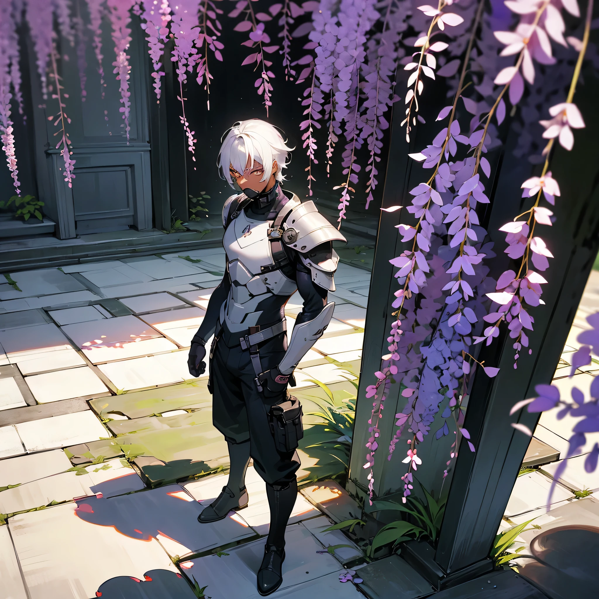 1male, young adult, dark skin, finely detailed plum eyes, wild medium hair, seashell white hair color, full body combat suit, shoulder armor pieces, combat boots, baggy miltarty combat pants, standing on ruined building, day time, tokyo streets, somber expression, muscular, tattoos, wisteria flowers, scars, gasmask