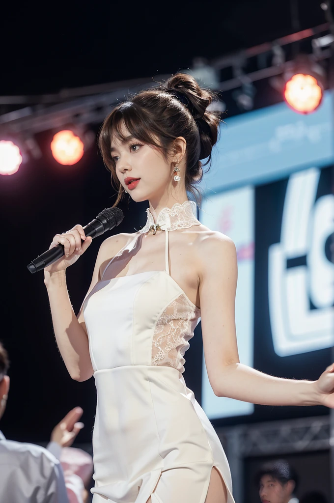1girl,bangs,bare arms,collar,lace,see through,maxi white cheongsam,detailed background,detailed eyes,brown hair,earrings,upper body,jewelry,slim,flat chest,ponytail,looking at viewer,makeup,night scene,red lips,signature,laughing,solo,standing,slender legs,pantyhose,high heels,On the T-stage,catwalk,fashion show,Surrounded by crowded crowds on both sides of the stage,neon lights