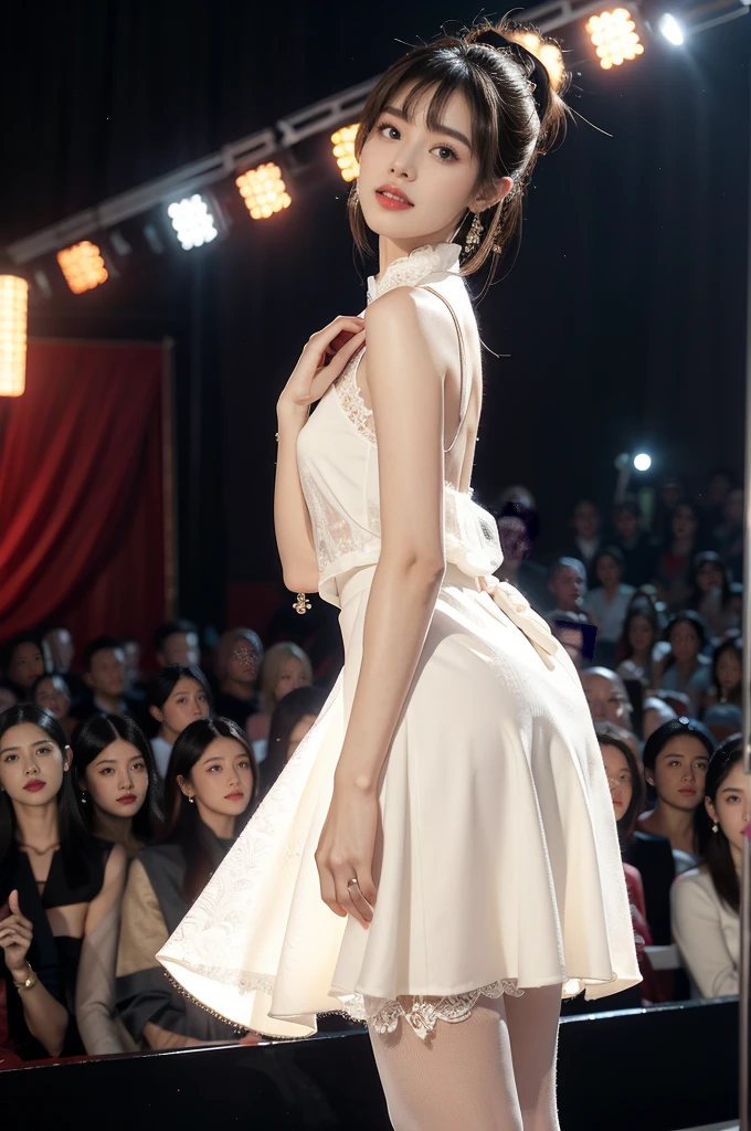 1girl,bangs,bare arms,collar,lace,see through,maxi white cheongsam,detailed background,detailed eyes,brown hair,earrings,upper body,jewelry,slim,flat chest,ponytail,looking at viewer,makeup,night scene,red lips,signature,laughing,solo,standing,slender legs,pantyhose,high heels,On the T-stage,catwalk,fashion show,Surrounded by crowded crowds on both sides of the stage,neon lights