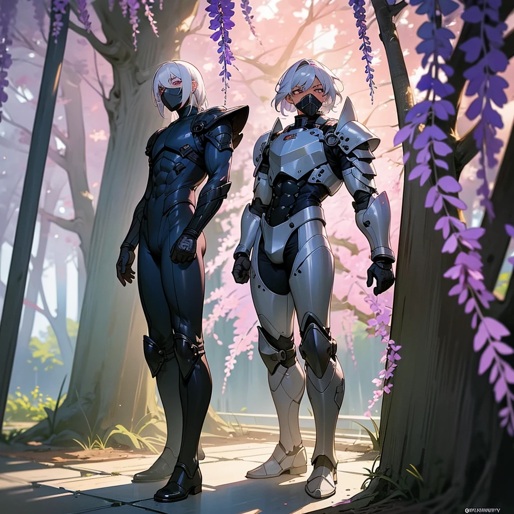 1male, young adult, dark skin, finely detailed plum eyes, wild medium hair, seashell white hair color, full body combat suit, shoulder armor pieces, combat boots, baggy miltarty combat pants, standing on ruined building, day time, tokyo streets, somber expression, muscular, tattoos, wisteria flowers, scars, gasmask