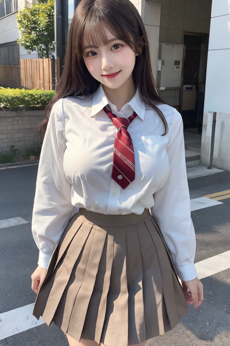 (Best quality,masterpiece,ultra detailed,8K,RAW photo,realistic,high resolution:1.2),(Pretty Japanese girl),(Super huge tits:1.4),(light brown hair),(school uniform,white shirt,pleated skirt:1.4),(voluptuous:1.5),(shoulder length),(light smile),(thick:1.4)