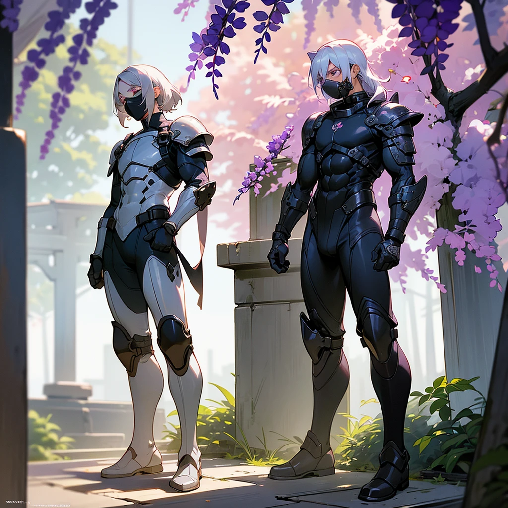 1male, young adult, dark skin, finely detailed plum eyes, wild medium hair, seashell white hair color, full body combat suit, shoulder armor pieces, combat boots, baggy miltarty combat pants, standing on ruined building, day time, tokyo streets, somber expression, muscular, tattoos, wisteria flowers, scars, gasmask