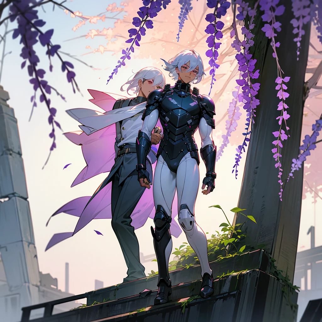 1male, young adult, dark skin, finely detailed plum eyes, wild medium hair, seashell white hair color, full body combat suit, shoulder armor pieces, combat boots, baggy miltarty combat pants, standing on ruined building, day time, tokyo streets, somber expression, muscular, tattoos, wisteria flowers, scars, gasmask