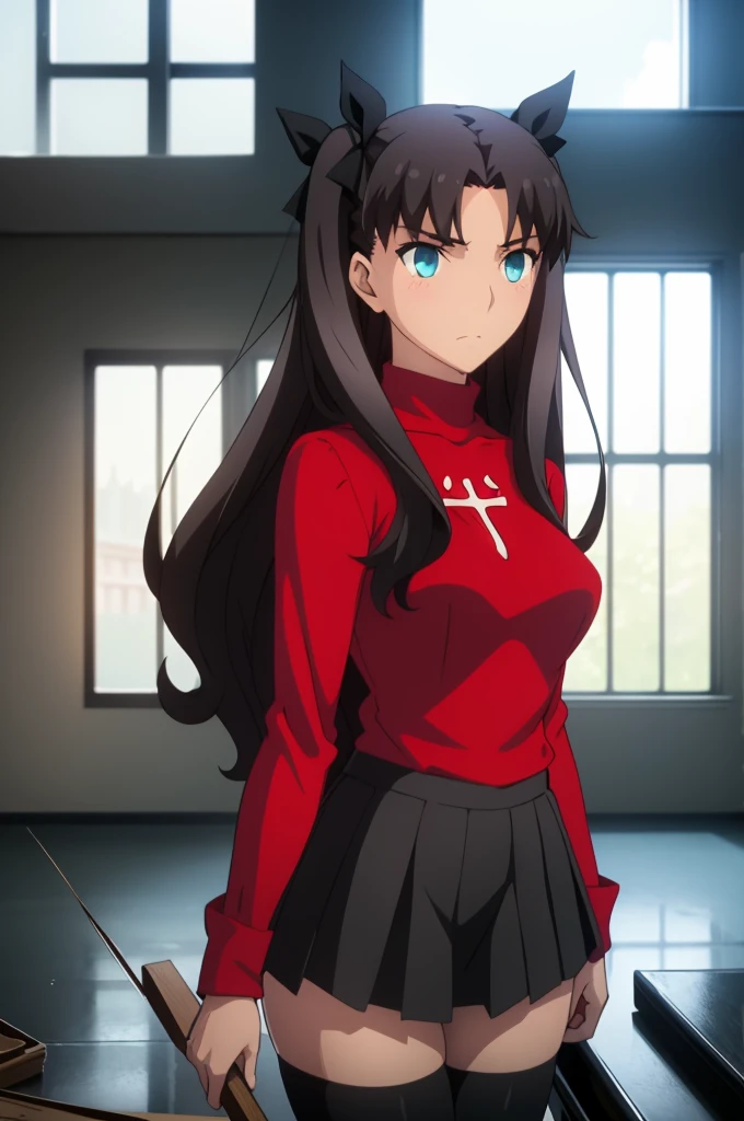 Tohsaka Rin, Volumetric Lighting, Best Shadows, Shallow Depth of Field, Portrait Of Stunningly Beautiful Girl, Delicate Beautiful Attractive Face With Alluring Sharp Blue Eyes, Sharp Eyebrows, Enjoying The Scenery, Soft Smile, Closed Mouth, Lovely Medium Breasts, Layered Long Black Two-Side Up Hair, Hair Ribbon, Blush Eyeshadow, Thick Eyelashes, Cross On The Red Turtleneck Shirt, Slim Waist, Black Short Pleated Skirt, Thigh Gap, Black Thigh-High Stockings, Late Afternoon, Sunlight Shining Through Window, Floating Dust Particles, Hallway In An Abandoned School, Pile of Debris Desks And Broken Chair, Looking Out At Window, Standing, (Highest Quality, Amazing Details:1.25), (Solo:1.3), Brilliant Colorful Paintings