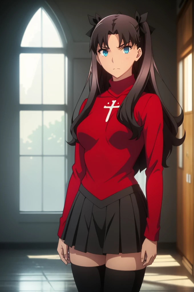 Tohsaka Rin, Volumetric Lighting, Best Shadows, Shallow Depth of Field, Portrait Of Stunningly Beautiful Girl, Delicate Beautiful Attractive Face With Alluring Sharp Blue Eyes, Sharp Eyebrows, Enjoying The Scenery, Soft Smile, Closed Mouth, Lovely Medium Breasts, Layered Long Black Two-Side Up Hair, Hair Ribbon, Blush Eyeshadow, Thick Eyelashes, Cross On The Red Turtleneck Shirt, Slim Waist, Black Short Pleated Skirt, Thigh Gap, Black Thigh-High Stockings, Late Afternoon, Sunlight Shining Through Window, Floating Dust Particles, Hallway In An Abandoned School, Pile of Debris Desks And Broken Chair, Looking Out At Window, Standing, (Highest Quality, Amazing Details:1.25), (Solo:1.3), Brilliant Colorful Paintings