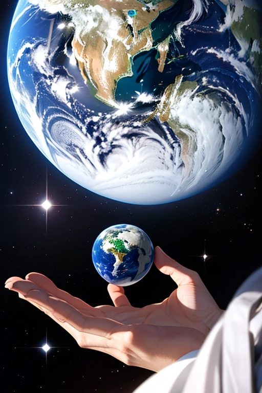 hand holding a marble-size earth in space