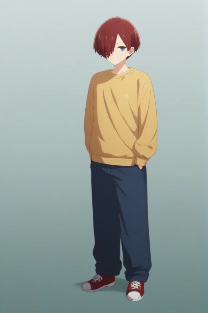1boy, solo, male focus, kyoutarou_ichikawa, red hair, blue eyes, short hair, hair over one eye, bangs, , alternate history, , full body photo, slight smile