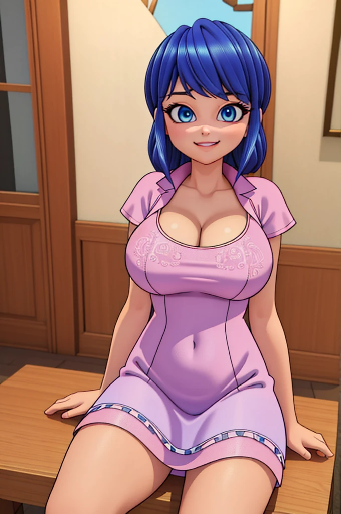 (8k, RAW photo, best quality, masterpiece:1.2), (intricate details), perfect eyes, perfect face, perfect lighting, beautiful, (masterpiece:1.2), (best quality:1.2), 1girl, solo, Marinette, blue hair, adult torso, 19 years old, smirking, big sized breasts, ( pink dress,) cowboy shot, 3DMM, seated, front view 