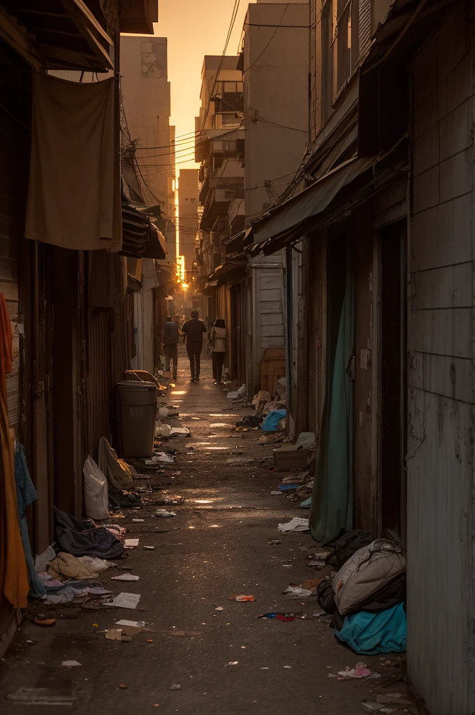 create an image based on these descriptions Miguel watched the sun set beyond the decrepit buildings that lined the alley where he had set up his makeshift shelter. The night breeze carried with it the distant sounds of the city, mixed with the constant buzz of homeless people seeking some comfort in the shadows of the unforgiving metropolis.