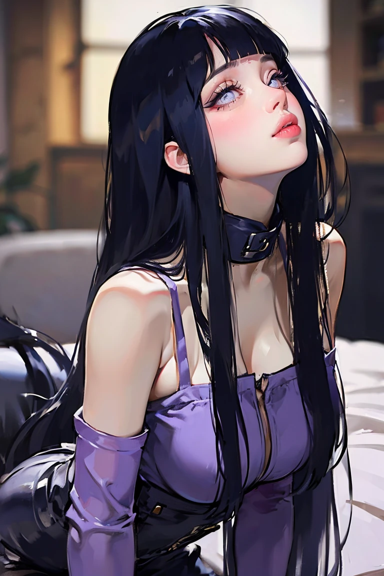 1girl, close up of face, adult, Hinata Hyuga, the last, shy girl, long black hair, blunt bangs, dark hair, Voluminous hair, lavender eyes, no pupils, Lavender Sleeveless Blouse, long black boots, navy blue shorts, Black translucent stockings, holster, bandage on thigh, open sandals, big breasts, wide hips, shapely legs, slim waist, masterpiece, best quality, Professional, realistic.