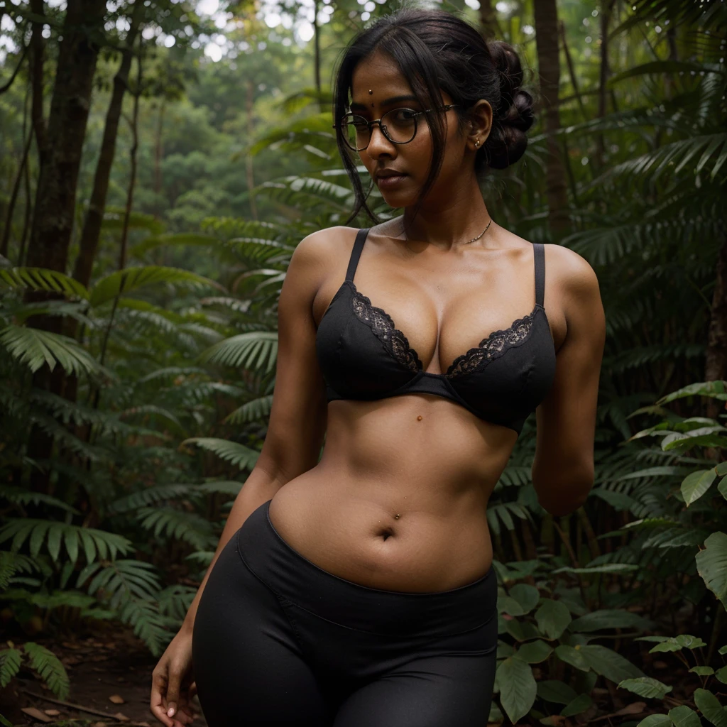 DARK SKIN, South Indian WOMAN, TALL, NAVEL, CLEAVAGE, BUSTY, PLUMP BELLY, LOVE HANDLES, BLACK BRA, BLACK LEGGINGS, BUN HAIR, FOREST, REALISTIC, PHOTOGRAPHY, LOOKING DOWN, BLACK SPECTACLES