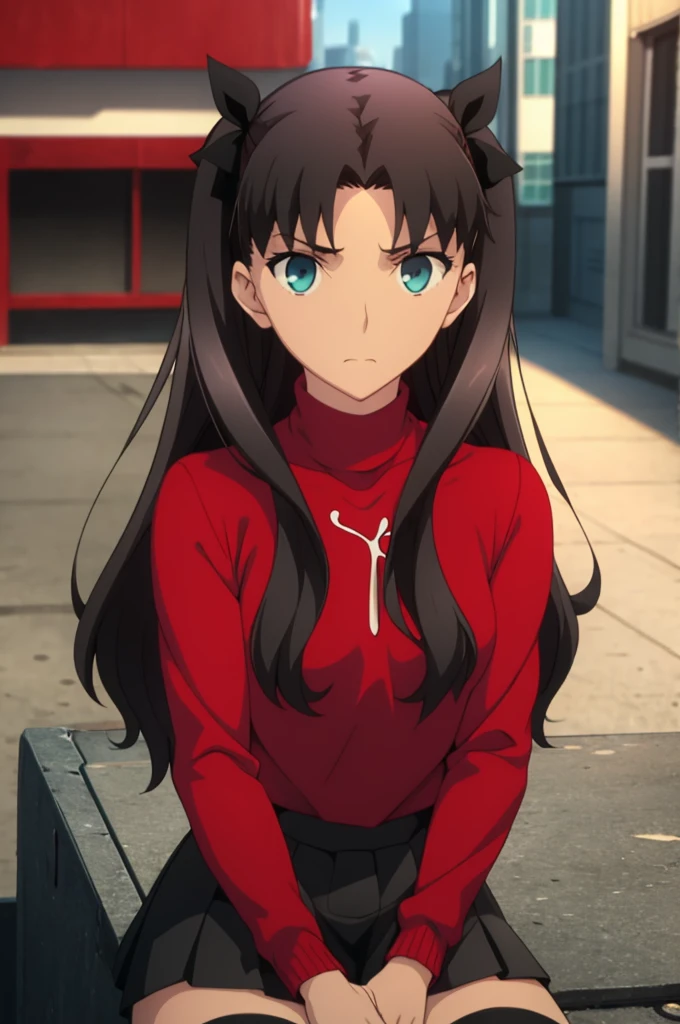 (masterpiece), best quality, expressive eyes, perfect face, 1girl, solo, rintohsaka, rin tohsaka, aqua eyes, black hair, hair ribbon, long hair, ribbon, sidelocks, two side up, black skirt, black thighhighs, long sleeves, miniskirt, pleated skirt, ((red sweater)), skirt, sweater, thighhighs, turtleneck, city background, sitting, character sheet, upper body, portrait, looking at viewer