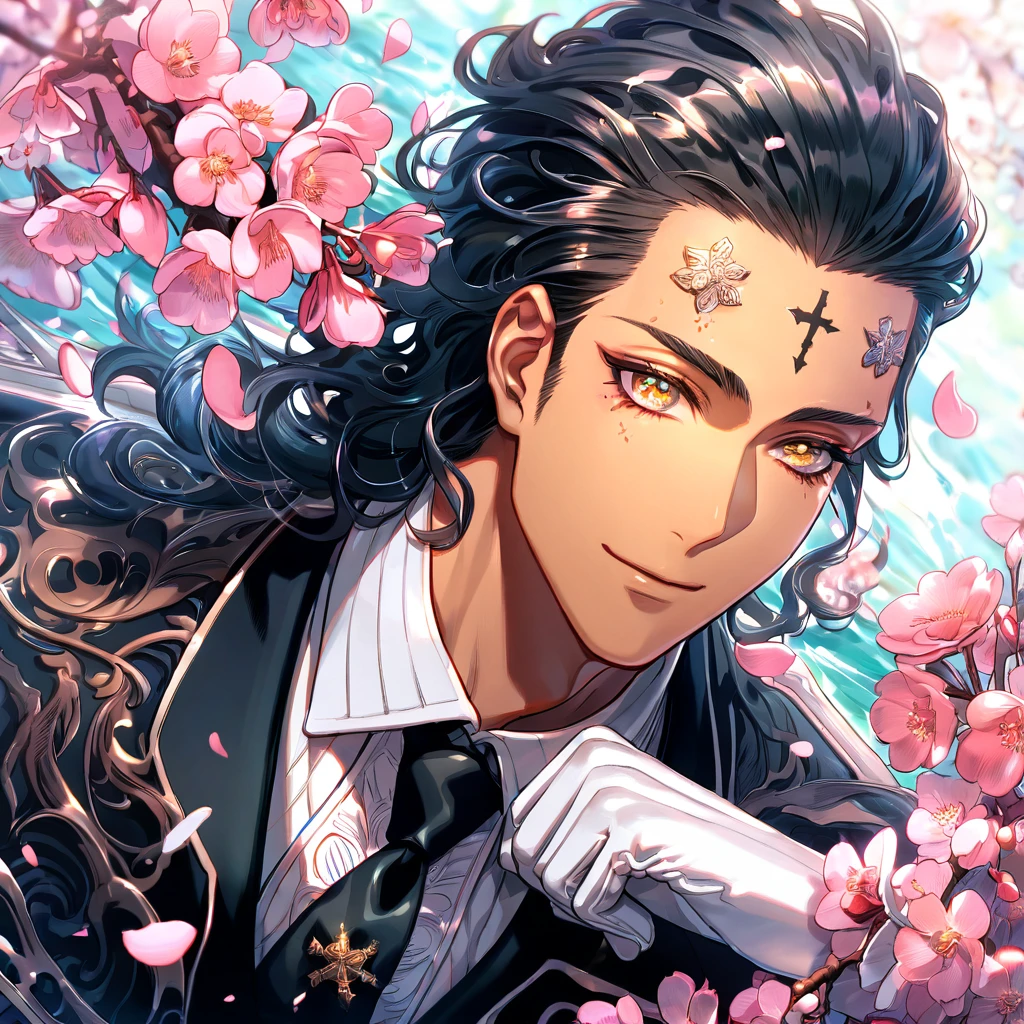 Ultra detailed, highres, absurdres, HDR, master piece, Tiky Mikk, dark wavy hair, slicked back hair, short hair, expressive amber eyes, tanned skin, black clothes, black necktie, white gloves, D.Gray-Man, fantasy, pink petals, water, pink flowers, handsome, sexy man, solo, magical, best quality, extremely detailed face, blossoms, handsome smile, blue shining fireflies, mole under his eye, cross mark on his forehead
