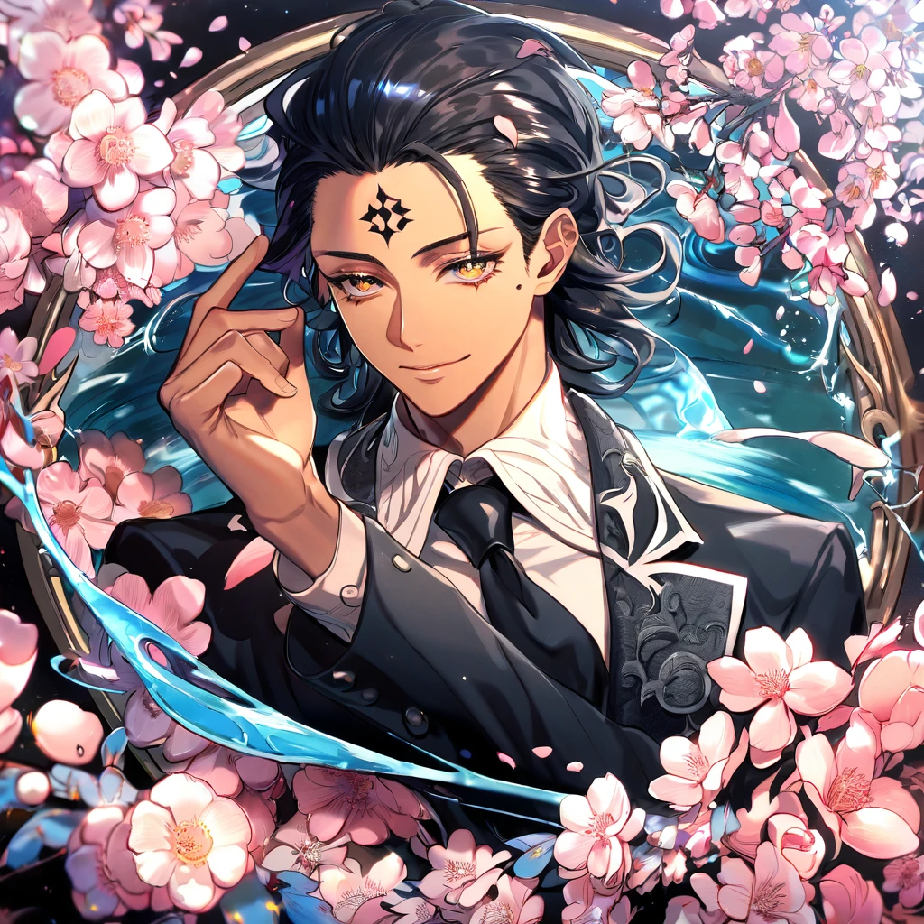 Ultra detailed, highres, absurdres, HDR, master piece, Tiky Mikk, dark wavy hair, slicked back hair, short hair, expressive amber eyes, tanned skin, black clothes, black necktie, white gloves, D.Gray-Man, fantasy, pink petals, water, pink flowers, handsome, sexy man, solo, magical, best quality, extremely detailed face, blossoms, handsome smile, blue shining fireflies, mole under his eye, cross mark on his forehead