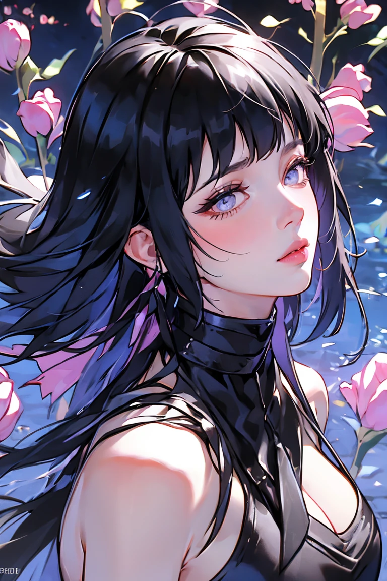 1girl, close up of face, adult, Hinata Hyuga, the last, shy girl, long black hair, blunt bangs, dark hair, Voluminous hair, lavender eyes, no pupils, Lavender Sleeveless Blouse, long black boots, navy blue shorts, Black translucent stockings, holster, bandage on thigh, open sandals, big breasts, wide hips, shapely legs, slim waist, masterpiece, best quality, Professional, realistic.