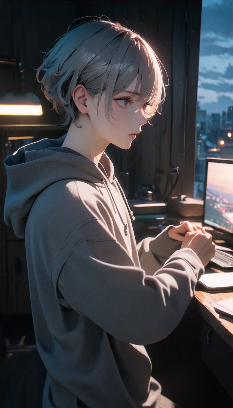 (8K, RAW photos, best quality, masterpiece: 1.4), (((Arm countdown：5：58：12)))，Ultra-high resolution, Extremely detailed, light, closeup of arms, Handsome man, black eyes, (delicate eyes, Eyes are bright:1.2), Gray short hair, Fair skin,dark, Grey sweatshirt, sweatshirt with hood,(perfect anatomy:1.2), High-quality shadows, Natural Lighting, (white highlights:1.2), night, cloudy day, (at home:1.2), (Room:1.2)