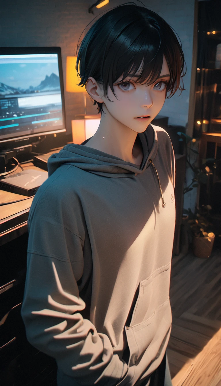 (8K, RAW photos, best quality, masterpiece: 1.4), (((Arm countdown：5：58：12)))，Ultra-high resolution, Extremely detailed, light, closeup of arms, Handsome man, black eyes, (delicate eyes, Eyes are bright:1.2), Gray short hair, Fair skin,dark, Grey sweatshirt, sweatshirt with hood,(perfect anatomy:1.2), High-quality shadows, Natural Lighting, (white highlights:1.2), night, cloudy day, (at home:1.2), (Room:1.2)