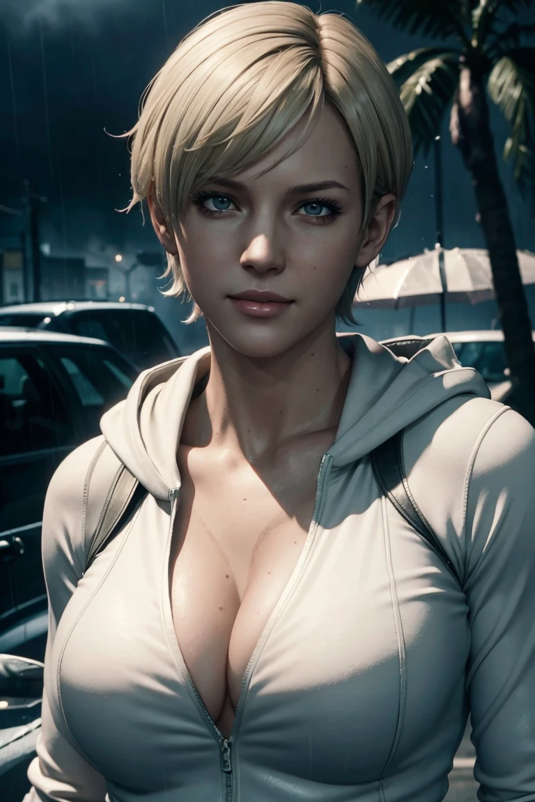 Resident Evil 6,Shelley,Short Hair,Blonde Hair,White hoodie,Cold protection,neck warmer,Photorealistic,Ultra HD,high quality,masterpiece,Digital SLR,Detailed details,Intricate details,Anatomical basis,Depicted in detail,A detailed face,Realistic skin texture,Vivid details,Perfect Anatomy,Perfect Anatomy,Anatomically correct hand,Anatomically correct fingers,Super Detail,Complex 3D rendering,Sexy pose,Rainy Sky,Beautiful scenery,Fantastic rainy sky,Picturesque,Pink Lips,smile,