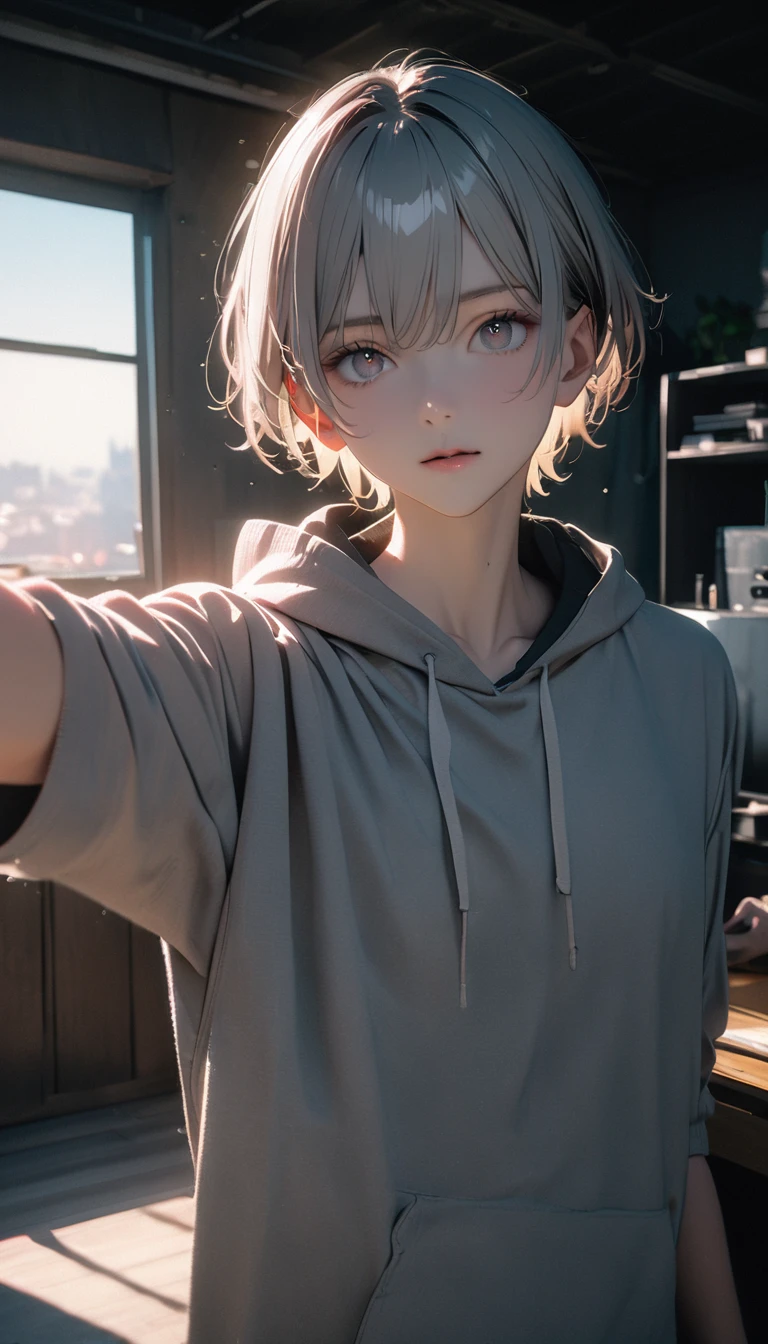 (8K, RAW photos, best quality, masterpiece: 1.4), (((Arm countdown：5：58：12)))，Ultra-high resolution, Extremely detailed, light, closeup of arms, Handsome man, black eyes, (delicate eyes, Eyes are bright:1.2), Gray short hair, Fair skin,dark, Grey sweatshirt, sweatshirt with hood,(perfect anatomy:1.2), High-quality shadows, Natural Lighting, (white highlights:1.2), night, cloudy day, (at home:1.2), (Room:1.2)