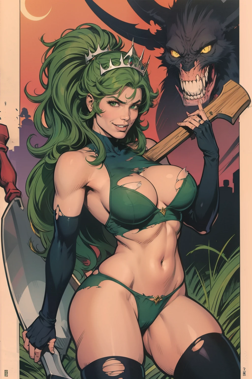 1girl,  long hair,  gloves,  holding,  weapon,  green hair,  teeth,  fingerless gloves,  torn clothes,  4koma,  parody,  tiara, slim smile, axe,  holding axe, 