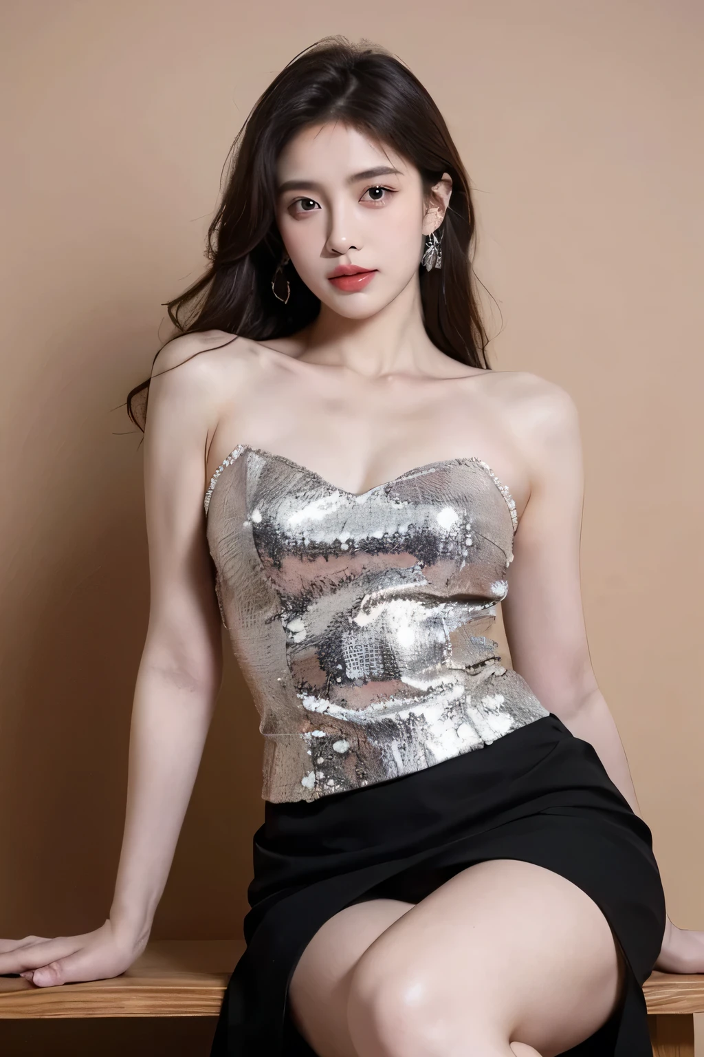 Top CG, Highest image quality, masterpiece, Gentle and beautiful girl, (185cm美女), (fit), Imperial sister, Queen temperament, White skin, ((Long legs)), Perfect facial features, Bright Eyes, Seductive pose, Red lips, Beautiful and cold (A major breakthrough)), Beautiful and heroic, Soft and long hair, sparkling, Lace, net, Visible through clear skin, wear glasses, Diamond Earrings, Black skirt), 8K Image Quality, (Realistic Portraits), Characters fill the screen, (Facial lighting), ((eternal)