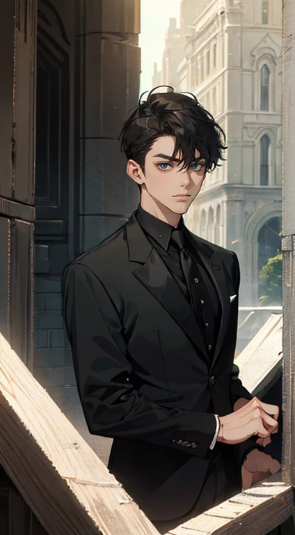 ((a young man in a black suit and tie)), taken in the early 2020s, gotham, alejandro, he looks very sophisticated, (((left side swept bang black short hair))), (dark green eyes and thick eyebrows), smirk. ((20 years old)), ((Black suite and black tie)), masterpiece, posture dynamic, one person,