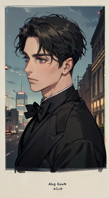 ((a young man in a black suit and tie)), taken in the early 2020s, gotham, alejandro, he looks very sophisticated, (((left side swept bang black short hair))), (dark green eyes and thick eyebrows), smirk. ((20 years old)), ((Black suite and black tie)), masterpiece, posture dynamic, one person,