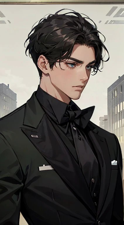 ((a young man in a black suit and tie)), taken in the early 2020s, gotham, alejandro, he looks very sophisticated, (((left side swept bang black short hair))), (dark green eyes and thick eyebrows), smirk. ((20 years old)), ((Black suite and black tie)), masterpiece, posture dynamic, one person,