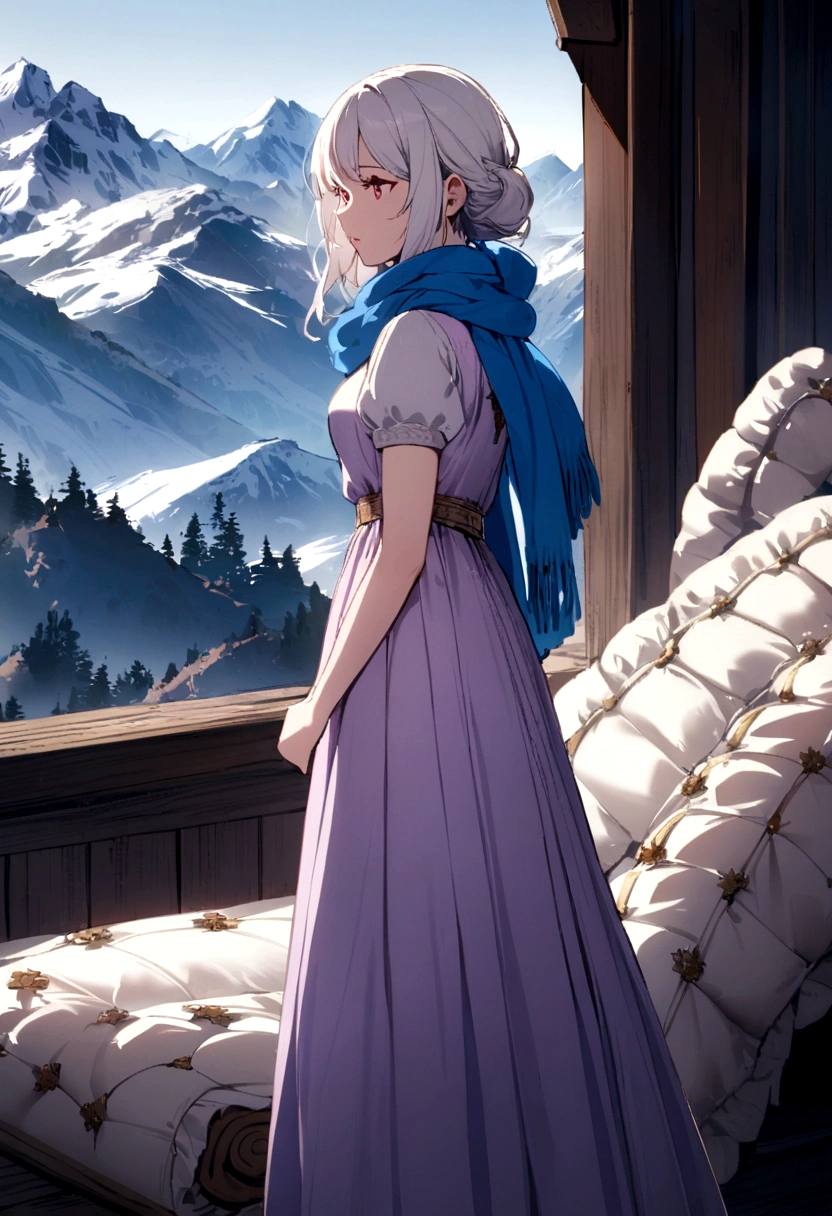 A girl with white hair with red tips, wearing a light purple dress and a blue scarf, standing with mountains and mattresses behind her.