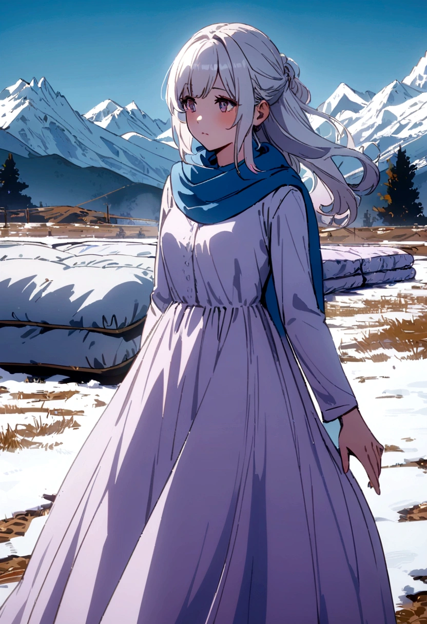 A girl with white hair with red tips, wearing a light purple dress and a blue scarf, standing with mountains and mattresses behind her.