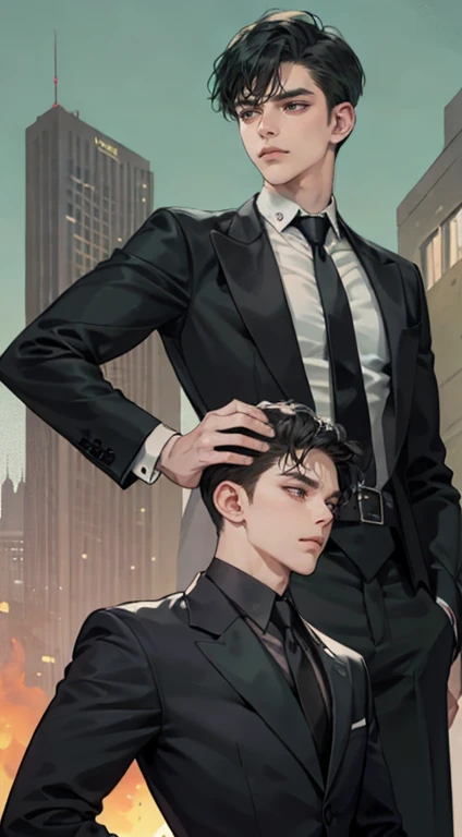 ((a young man in a black suit and tie)), taken in the early 2020s, gotham, alejandro, he looks very sophisticated, (((left side swept bang black short hair))), (dark green eyes and thick eyebrows), smirk. ((20 years old)), ((Black suite and black tie)), masterpiece, posture dynamic, one person,