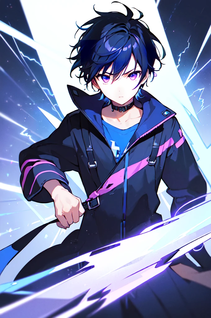 [(WHITE BACKGROUND:1.5),::5], ((((masterpiece)))), high quality, ultra very high resolution, full color, (((solo))), ((little boy)), black hair, ((blue colored inner hair)), ((purple eyes)), anime, ((upper body)), neon light, black parka, (lightning effect:1.2)