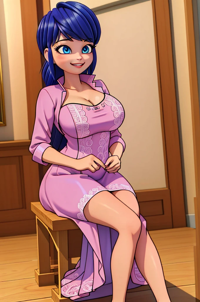 (8k, RAW photo, best quality, masterpiece:1.2), (intricate details), perfect eyes, perfect face, perfect lighting, beautiful, (masterpiece:1.2), (best quality:1.2), 1girl, solo, Marinette, blue hair, adult torso, 19 years old, smirking, big sized breasts, ( pink dress,) cowboy shot, 3DMM, seated, front view
