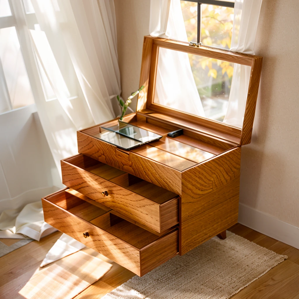 In this cozy room,A ray of sunlight shone through the half-drawn curtains on the table,Let the wood grain on the watch storage box shine with a faint luster。There was a calm and peaceful atmosphere in the air around them。There are several still lifes hanging on the walls of the room,It adds a touch of elegance to the space。And on the other side of the room,The half-open window lets in the breeze,The pages on the small desk by the window turned in the wind,This quiet scene gives a sense of tranquility and comfort。