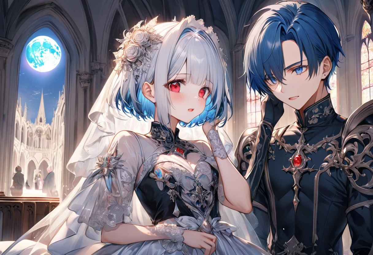 (nemdoroid:1.7) ((boy and girl, boy is hqging her head)), (a crew cut silver hair very short hair divine cool boy, detailed red eyes, Confusion face, flat chest), break, (a forehead blue hair long hair cute bride girl, cute blue eyes), (in the Chapel Terrace), (background detailed biggest pink moon), BREAK, perfect anatomy, masterpiece, best quality, 16k, beautiful detailed night, daydreaming expression.