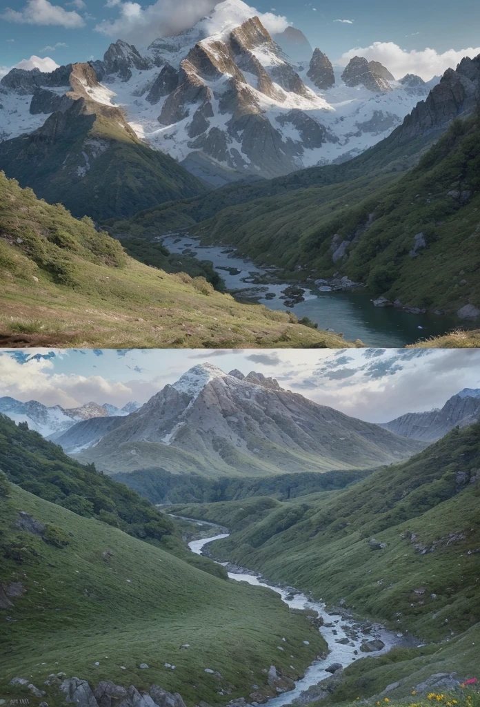 mountainous landscape, rolling hills, snow-capped peaks, lush greenery, vibrant wildflowers, flowing river, dramatic lighting, cinematic composition, photorealistic rendering, epic scale, enchanting atmosphere, serene tranquility, beautiful detailed mountains, extremely detailed landscape, (best quality,8k,highres,masterpiece:1.2),ultra-detailed,(realistic,photorealistic,photo-realistic:1.37),cinematic lighting,dramatic shadows,vivid colors,stunning vista,breathtaking panorama