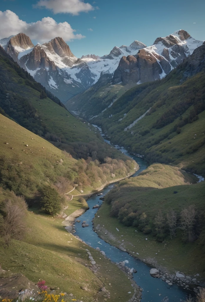 mountainous landscape, rolling hills, snow-capped peaks, lush greenery, vibrant wildflowers, flowing river, dramatic lighting, cinematic composition, photorealistic rendering, epic scale, enchanting atmosphere, serene tranquility, beautiful detailed mountains, extremely detailed landscape, (best quality,8k,highres,masterpiece:1.2),ultra-detailed,(realistic,photorealistic,photo-realistic:1.37),cinematic lighting,dramatic shadows,vivid colors,stunning vista,breathtaking panorama