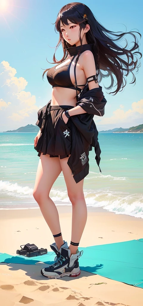 动漫女孩站On the beach的冲浪板上，People in the background, from Girls Frontline, Fine details. Girls Frontline, standing At the beach上, Smooth anime CG art, At the beach上, At the beach, On the beach, Cool anime poses, Inspired by Border Guardians, Artwork in the style of Guweiz, Heat and sun very detailed