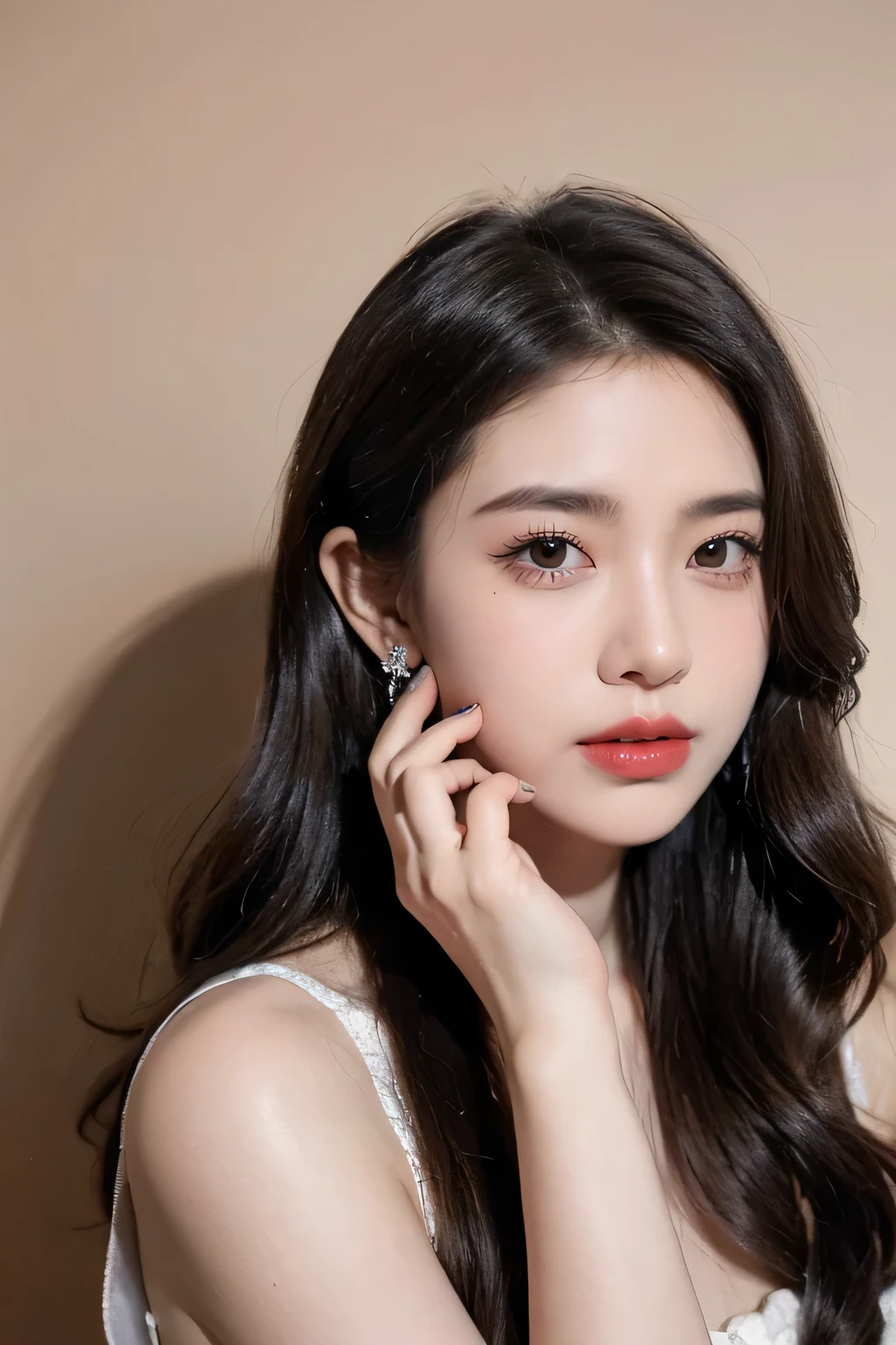Top CG, Highest image quality, masterpiece, Gentle and beautiful girl, (185cm美女), (fit), Imperial sister, Queen temperament, White skin, ((Long legs)), Perfect facial features, Bright Eyes, Seductive pose, Red lips, Beautiful and cold (A major breakthrough)), Beautiful and heroic, Soft and long hair, sparkling, Lace, net, Visible through clear skin, wear glasses, Diamond Earrings, Black skirt), 8K Image Quality, (Realistic Portraits), Characters fill the screen, (Facial lighting), ((eternal)