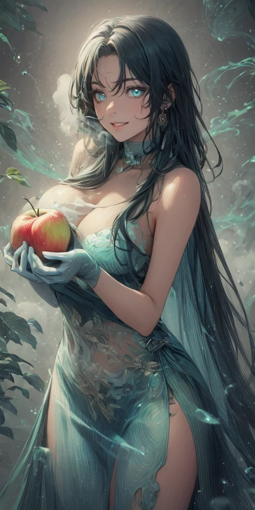 jianxindef, (long hair, gradient hair, black hair:1.3), parted bangs,, anatomically correct, heavy breathing, mature female, fruit, food, 1girl, apple, holding_apple, holding_fruit, solo, dress, breasts, holding, looking_at_viewer, white_dress, bare_shoulders, cleavage, choker, elbow_gloves, bokeh, large_breasts,, water drop, reflective, (fog:1.3), fireflies, hollow eyes, bright pupils, green eyes, looking at viewer. glowing eyes heavy breathing, seductive smile, (steaming face:1.3), blush face, lips,
