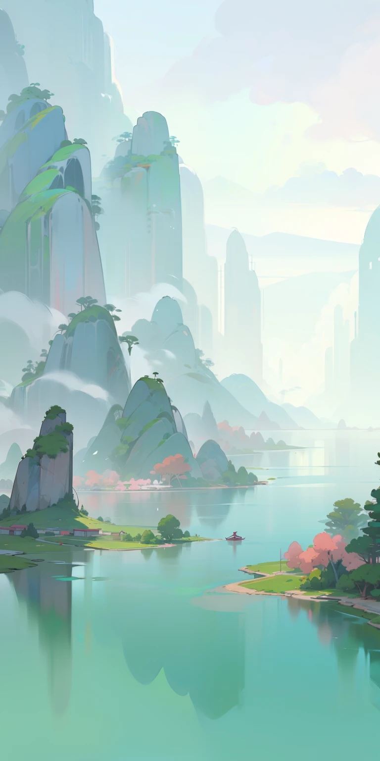 A Chinese feng shui foam scene, with mountains, green trees and pink peach trees in the long distance, shrouded in clouds, and lakes in the close view, cartoon style, hand-painted style,
