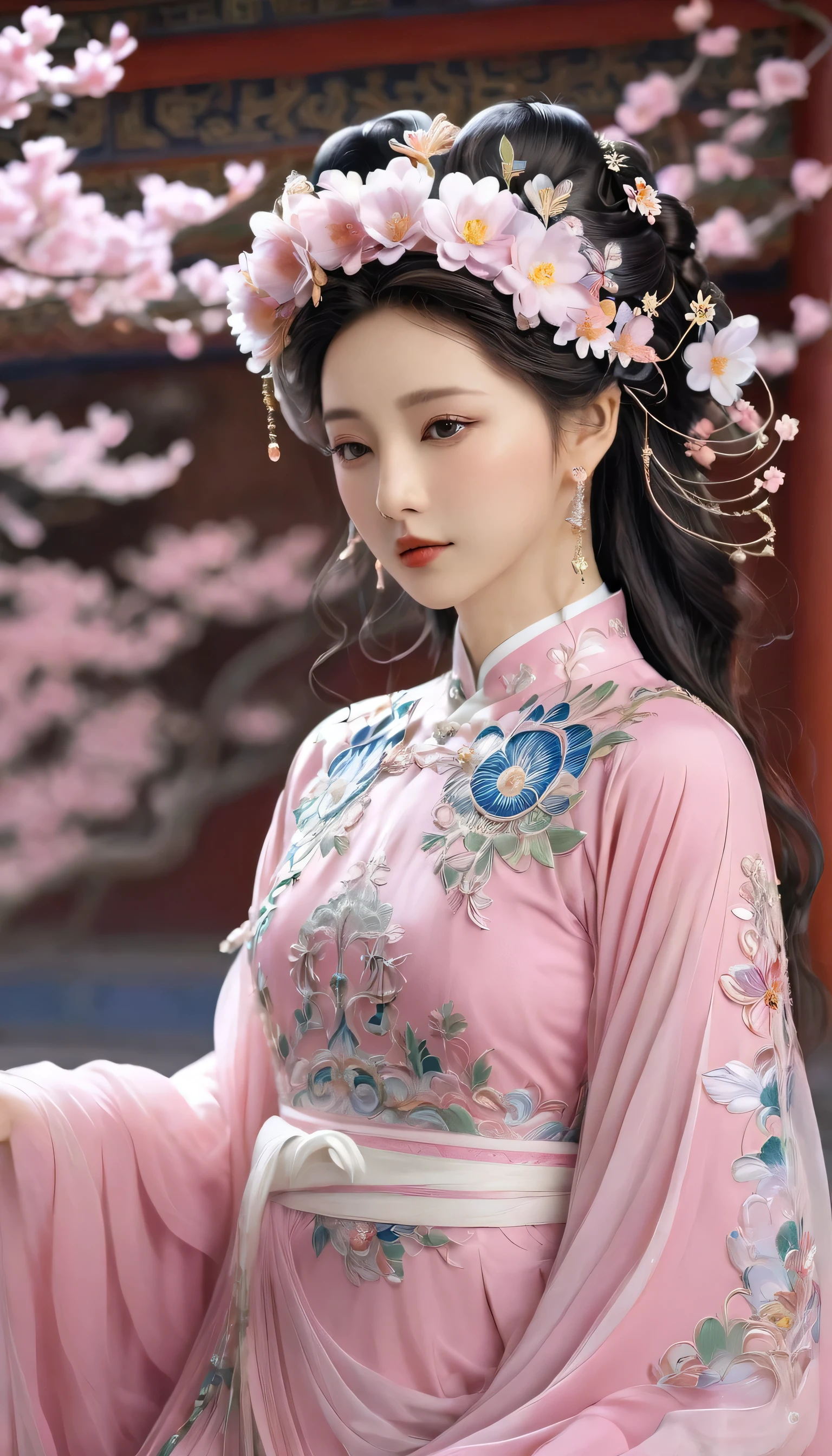 Wearing a pink dress、Alafi woman wearing a flower crown, Color photos inspired by Lanying, cg Social Hotspot, realism, Hanfu, palace , Girl wearing Hanfu, ancient Chinese Princess, Beautiful fantasy queen, Ancient Chinese Art Style, Asian Dynasty Princess, Chinese Queen, White Hanfu, Chinese Princess,look down,